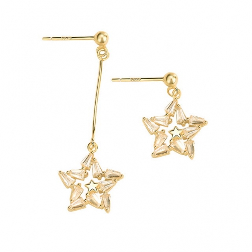 925 Sterling Silver Earrings 14K Gold Asymmetrical Five-Pointed Star Earrings Fashion Star Earrings