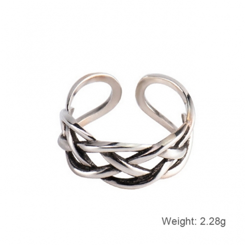 S925 Sterling Silver Ring Female Simple Braided Cross Ring Adjustable Opening Retro Ring