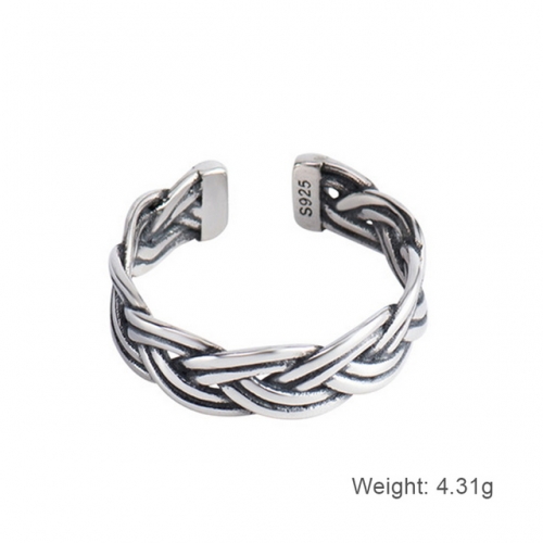 925 Sterling Silver Ring Women'S Braided Ring Retro Twist Ring Opening Adjustable Ring