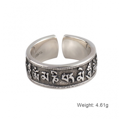 S925 Sterling Silver Ring Retro Scripture Ring Simple Women'S Open Adjustable Ring
