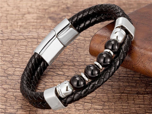 BC Jewelry Wholesale Leather And Stainless Steel Bracelet Long About 210mm NO.#SJ112B050
