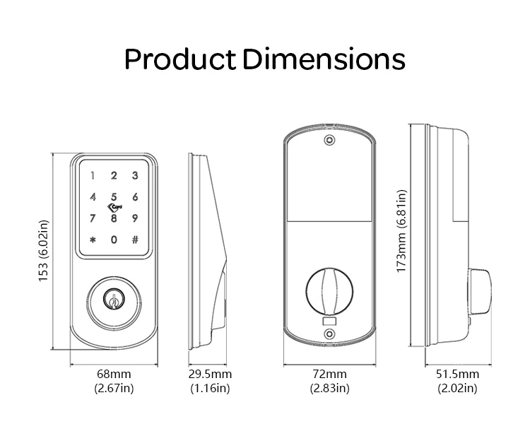 Tuya app smart door lock dimension