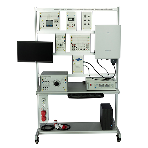 Bancada didática móvel para o estudo de sistemas fotovoltaicos e baterias. Equipamento didático. Equipamento para formação profissional. Equipamento para formação em energias renováveis.