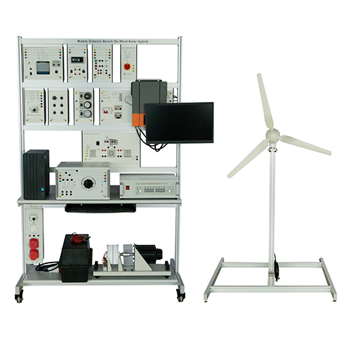 Bancada didática móvel com energia eólica e solar híbrida, equipamento didático para formação profissional, equipamento para formação em energias renováveis