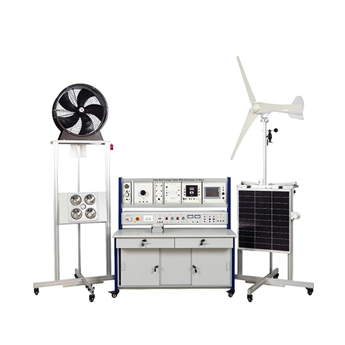 Equipamento didático para treinamento em energia solar e eólica com conexão à rede elétrica, ideal para formação profissional e treinamento em energias renováveis.