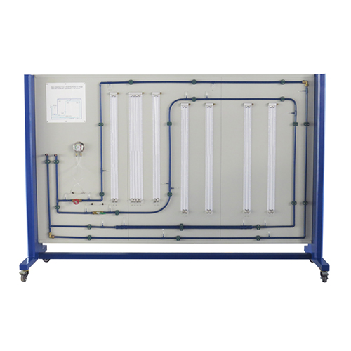 Bancada didática para estudo de perdas de pressão em tubagens, curvas e válvulas. Equipamento didático para o ensino profissional. Equipamento para laboratório de fluidos.