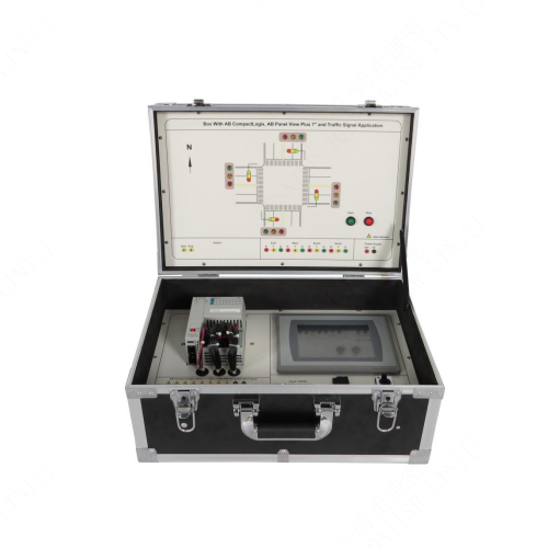 Caixa com AB CompactLogix, AB Panel View Plus 7" e Equipamento Didáctico para Aplicação de Semáforos - Equipamento para Formação Técnica em Electricidade