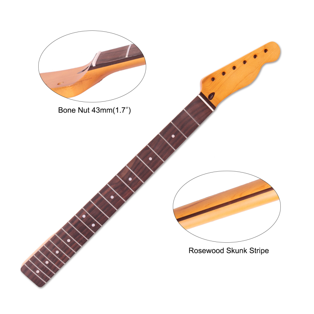 Telecaster Guitar Neck Rosewood Fretboard Maple Neck 9.5" Radius 8 mm Holes 21 Frets Satin Finish