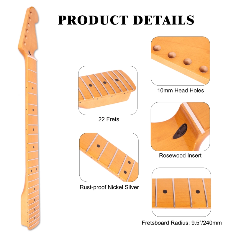 Stratocaster Guitar Neck Maple Neck 9.5" Radius 10 mm Holes 22 Frets Gloss Finish