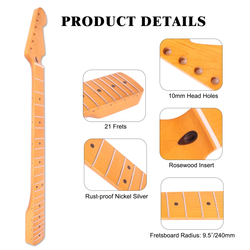 Stratocaster Guitar Neck Maple Neck 9.5" Radius 10 mm Holes 21 Frets Satin Finish