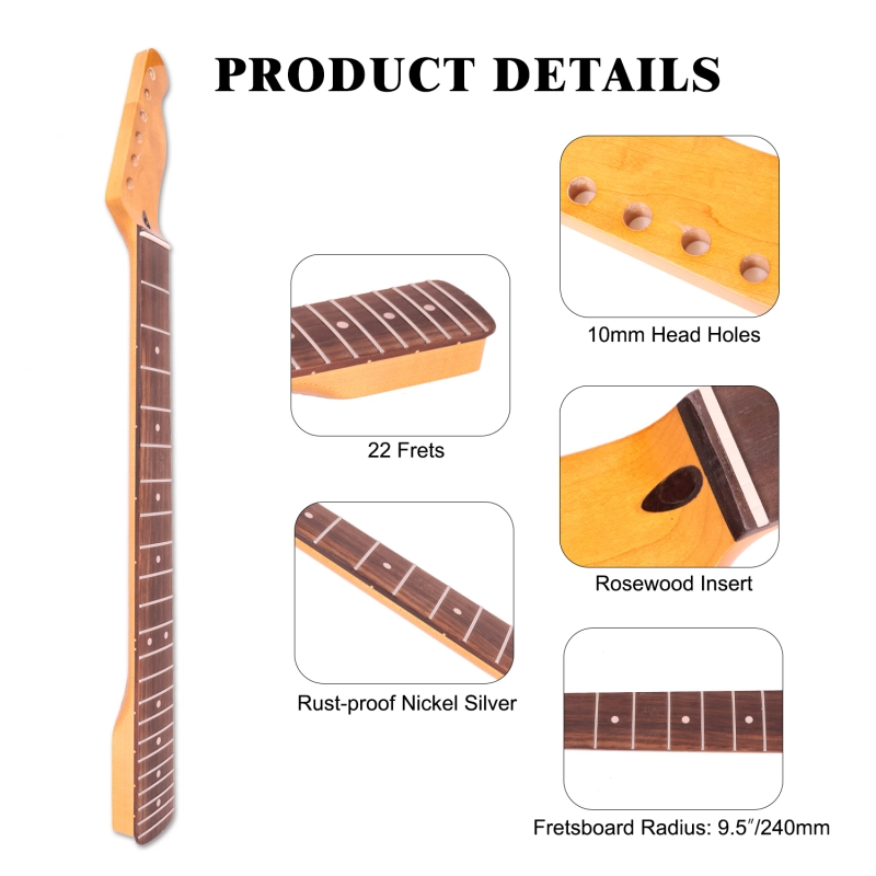 Telecaster Guitar Neck Rosewood Fretboard Maple Neck 9.5" Radius 10 mm Holes 22 Frets Gloss Finish