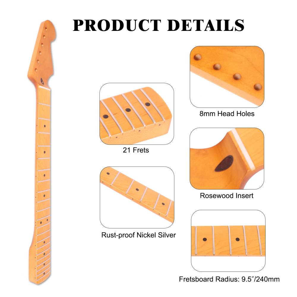 Stratocaster Guitar Neck Maple Neck 9.5" Radius 8 mm Holes 21 Frets Satin Finish