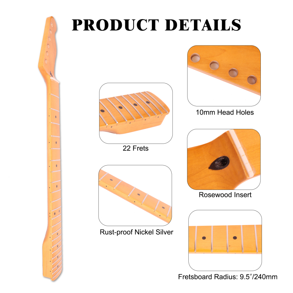 Telecaster Guitar Neck Hard Maple Neck 9.5" Radius 10 mm Holes 22 Frets Gloss Finish