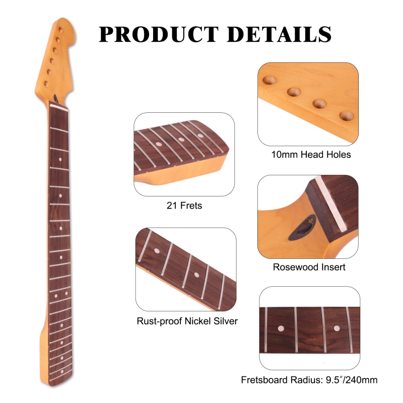 Stratocaster Guitar Rosewood Fretboard Neck Maple Neck 9.5" Radius 10 mm Holes 21 Frets Satin Finish