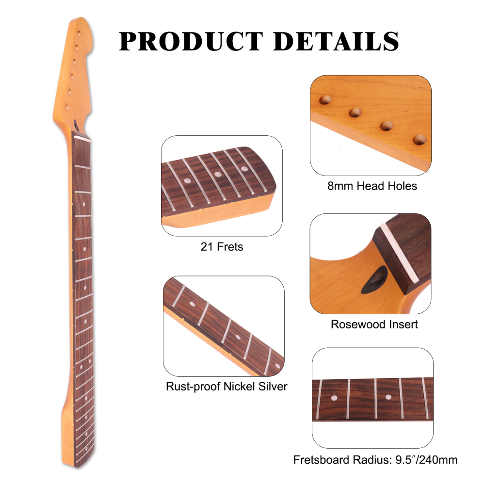 Stratocaster Guitar Neck Rosewood Fretboard Maple Neck 9.5" Radius 8 mm Holes 21 Frets Satin Finish