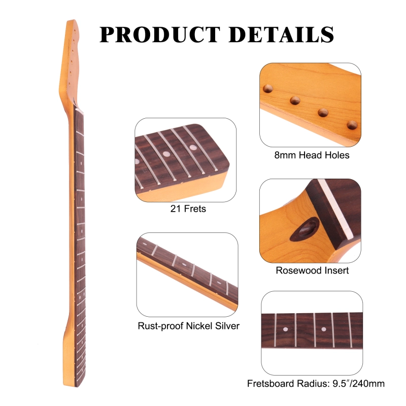 Telecaster Guitar Neck Rosewood Fretboard Maple Neck 9.5" Radius 8 mm Holes 21 Frets Satin Finish