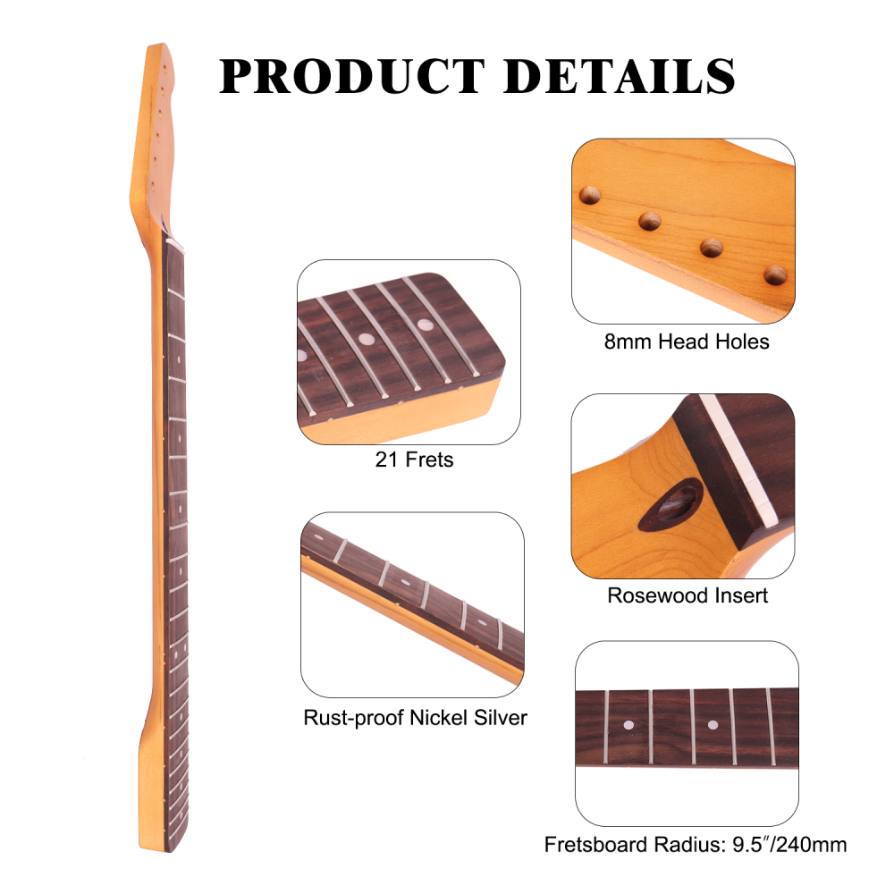 Telecaster Guitar Neck Rosewood Fretboard Maple Neck 9.5" Radius 8 mm Holes 21 Frets Satin Finish