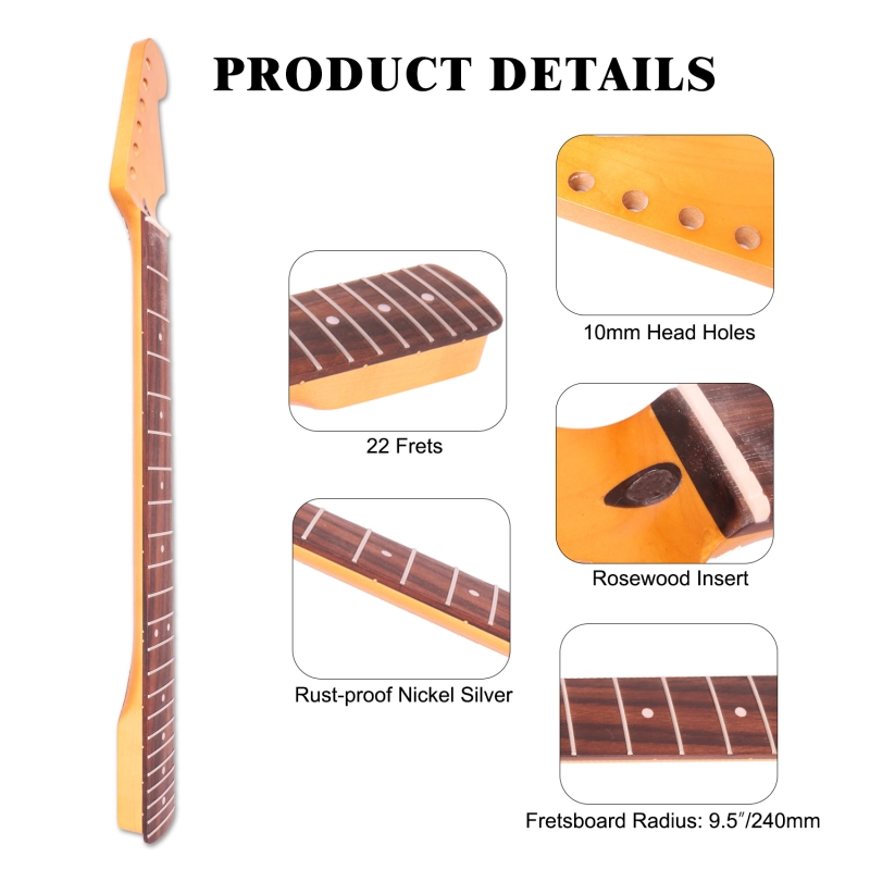 Stratocaster Guitar Neck Rosewood Fretboard Maple Neck 9.5" Radius 10 mm Holes 22 Frets Gloss Finish