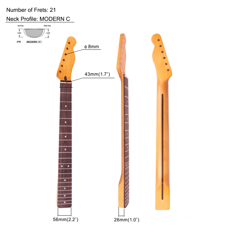 Telecaster Guitar Neck Rosewood Fretboard Maple Neck 9.5" Radius 8 mm Holes 21 Frets Satin Finish