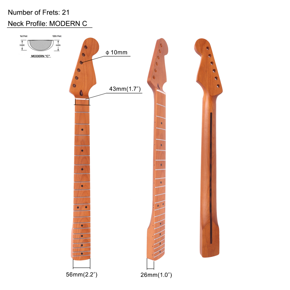 Stratocaster Guitar Neck Roasted Maple Neck 9.5" Radius 10 mm Holes 21 Frets Satin Finish