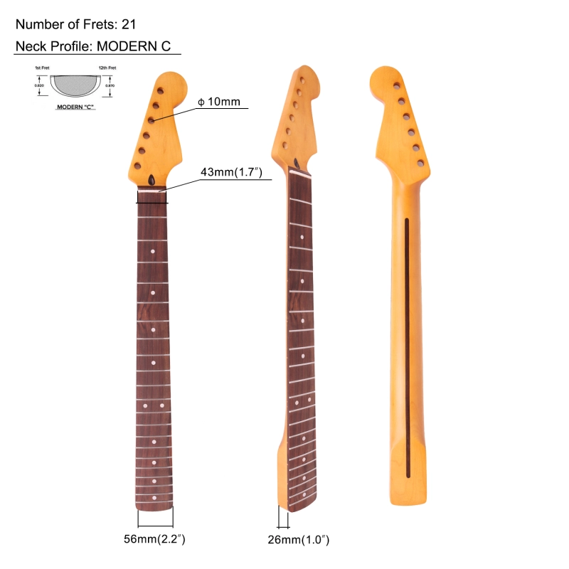 Stratocaster Guitar Rosewood Fretboard Neck Maple Neck 9.5" Radius 10 mm Holes 21 Frets Satin Finish