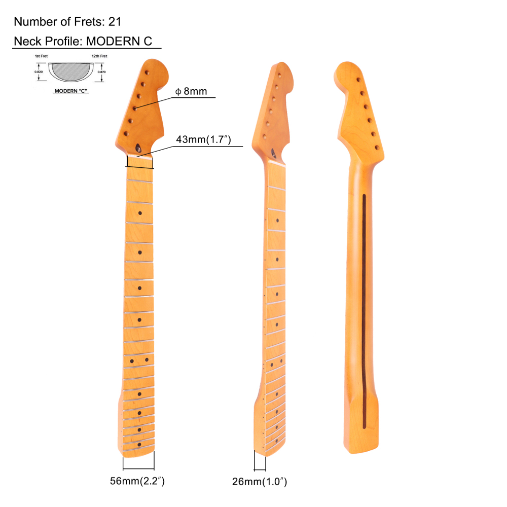 Stratocaster Guitar Neck Maple Neck 9.5" Radius 8 mm Holes 21 Frets Satin Finish
