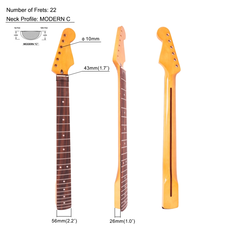 Stratocaster Guitar Neck Rosewood Fretboard Maple Neck 9.5" Radius 10 mm Holes 22 Frets Gloss Finish