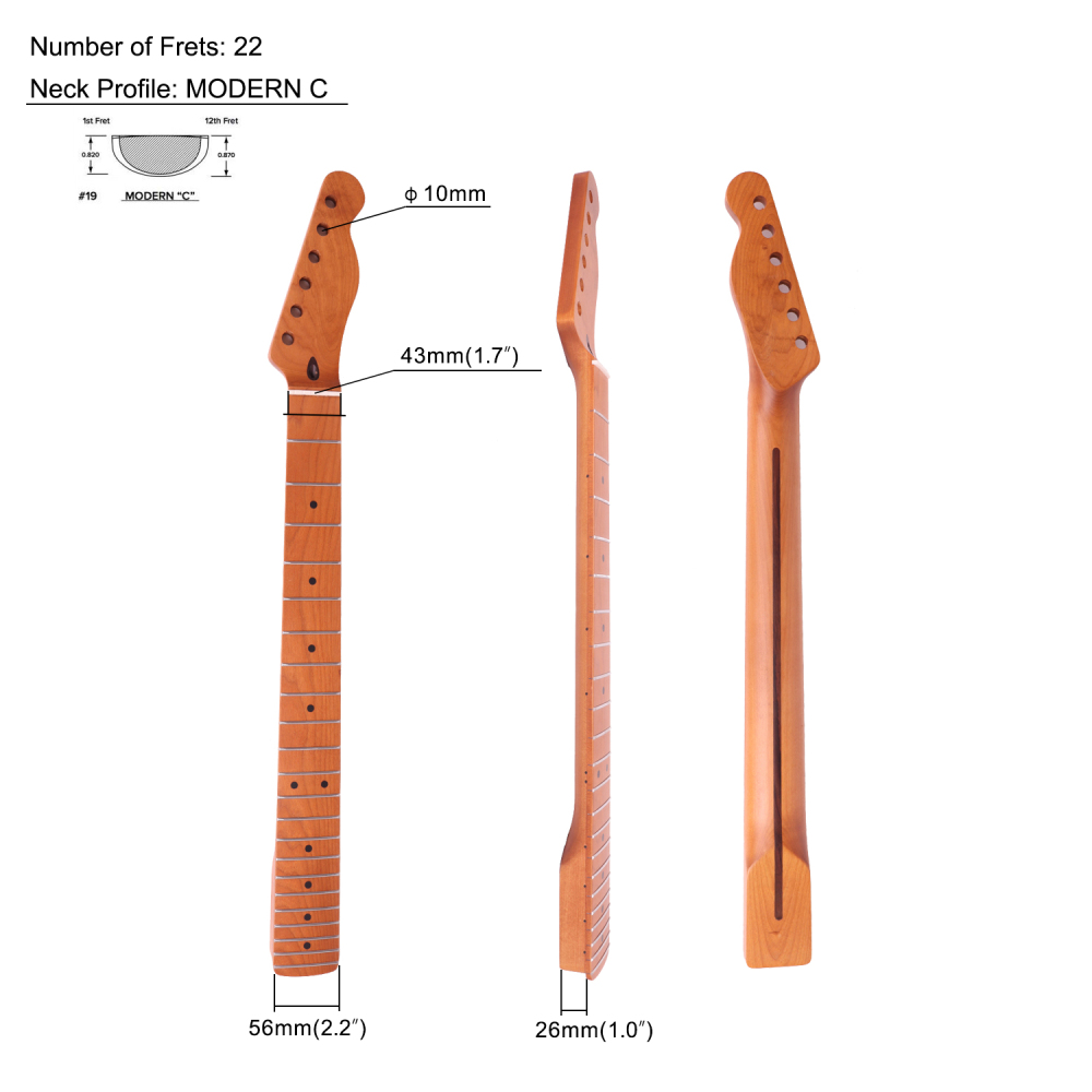 Telecaster Guitar Neck Roasted Maple Neck 12" Radius 10 mm Holes 22 Frets Satin Finish