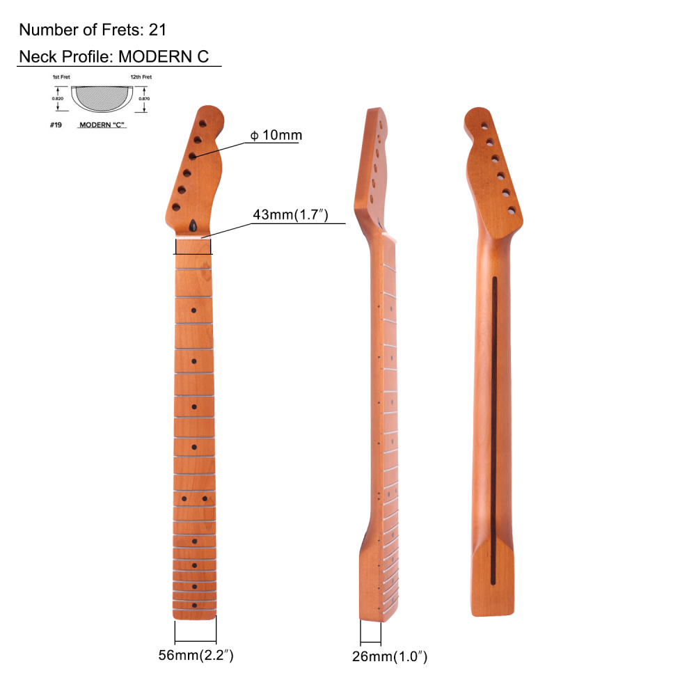 Telecaster Guitar Neck Roasted Maple Neck 9.5" Radius 10 mm Holes 21 Frets Satin Finish