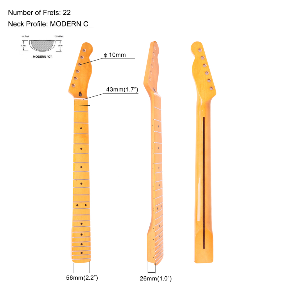 Telecaster Guitar Neck Hard Maple Neck 9.5" Radius 10 mm Holes 22 Frets Gloss Finish