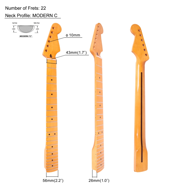 Stratocaster Guitar Neck Maple Neck 9.5" Radius 10 mm Holes 22 Frets Gloss Finish
