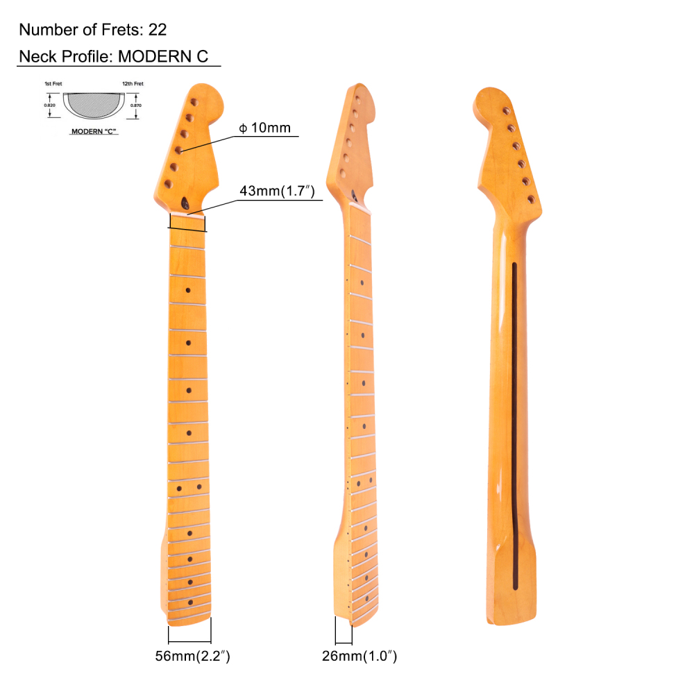 Stratocaster Guitar Neck Maple Neck 9.5" Radius 10 mm Holes 22 Frets Gloss Finish
