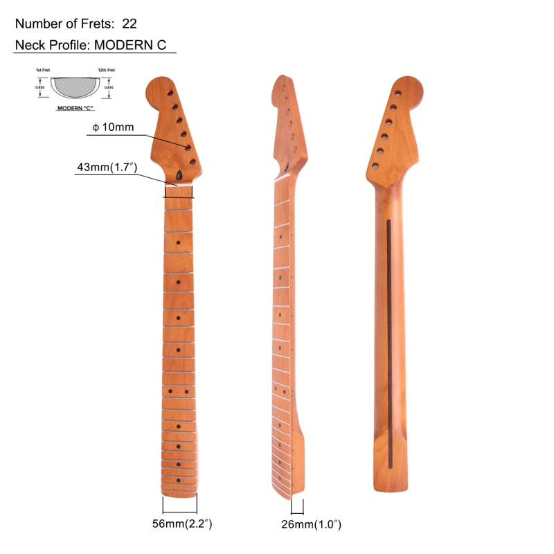 Stratocaster Guitar Neck Roasted Maple Neck 9.5" Radius 10 mm Holes 22 Frets Satin Finish
