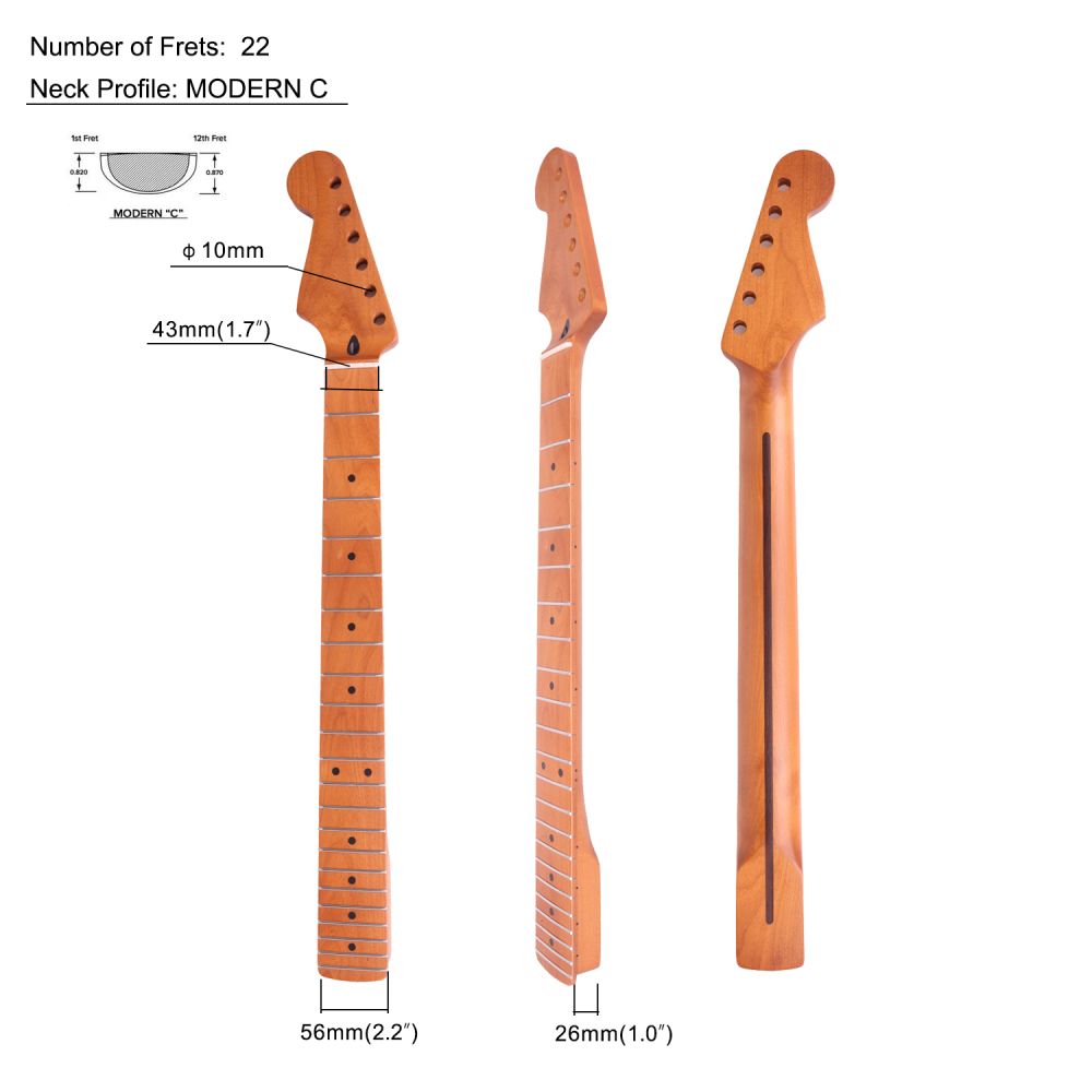 Stratocaster Guitar Neck Roasted Maple Neck 9.5" Radius 10 mm Holes 22 Frets Satin Finish