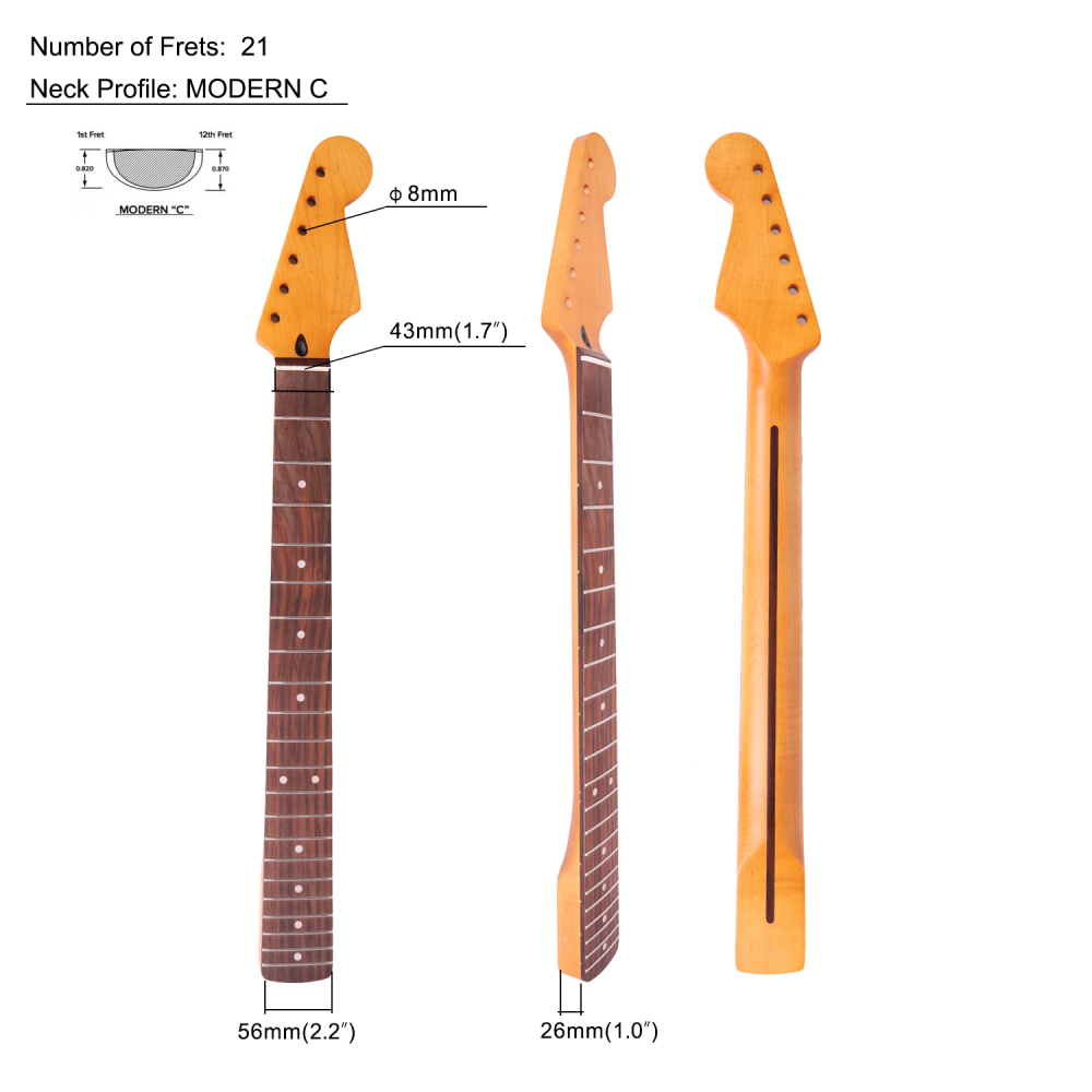 Stratocaster Guitar Neck Rosewood Fretboard Maple Neck 9.5" Radius 8 mm Holes 21 Frets Satin Finish