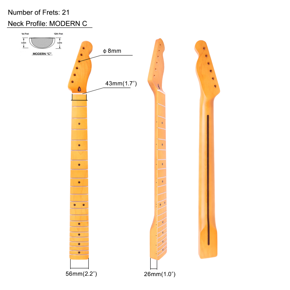 Telecaster Guitar Neck Maple Neck 9.5" Radius 8 mm Holes 21 Frets Satin Finish Guitar Neck