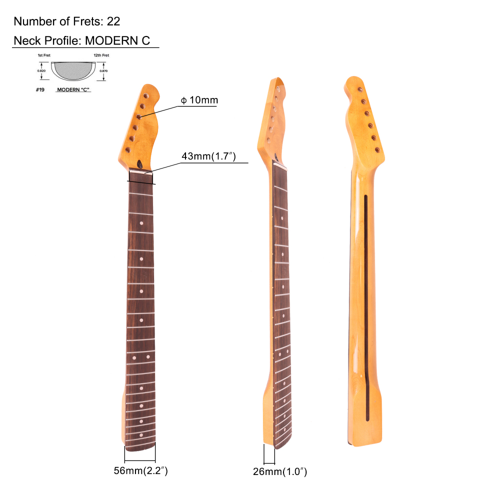 Telecaster Guitar Neck Rosewood Fretboard Maple Neck 9.5" Radius 10 mm Holes 22 Frets Gloss Finish