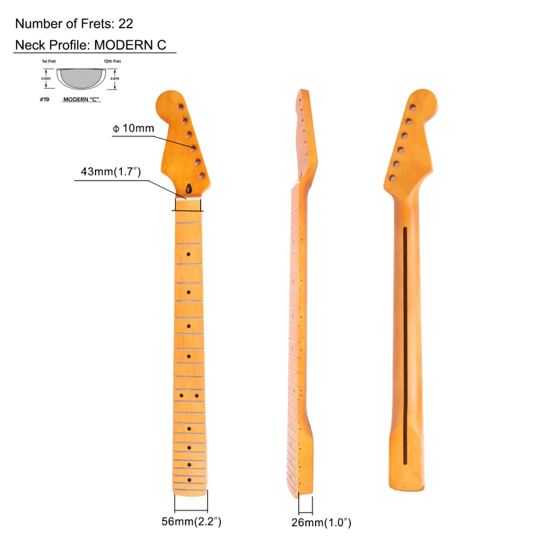 Stratocaster Guitar Neck Maple Neck 9.5" Radius 10 mm Holes 22 Frets Satin Finish