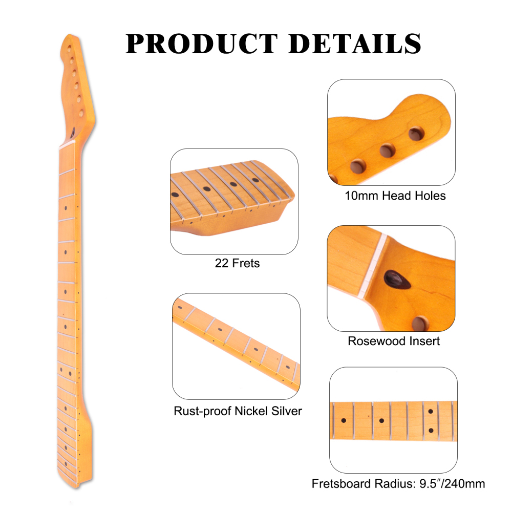 Telecaster Guitar Neck Maple Neck 9.5" Radius 10 mm Holes 22 Frets Satin Finish