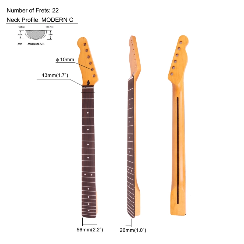 Left-handed Telecaster Guitar Neck Rosewood Fretboard Maple Neck 9.5" Radius 10 mm Holes 22 Frets Satin Finish