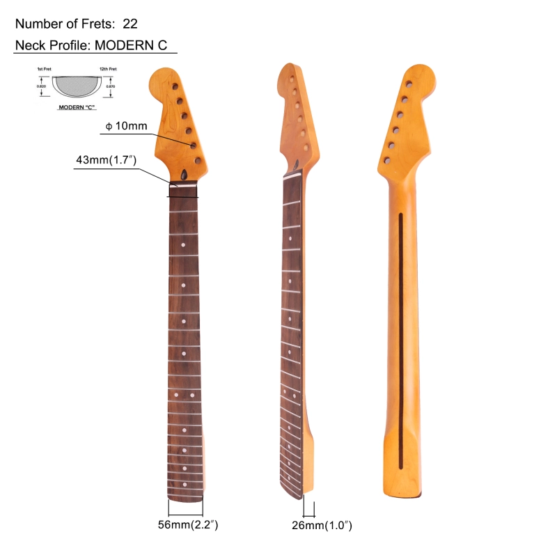 Left-handed Stratocaster Guitar Neck Rosewood Fretboard Maple Neck 9.5" Radius 10 mm Holes 22 Frets Satin Finish