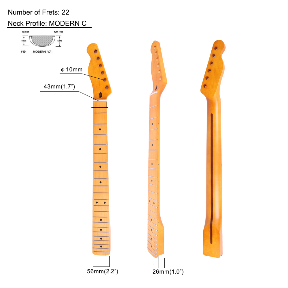 Telecaster Guitar Neck Maple Neck 9.5" Radius 10 mm Holes 22 Frets Satin Finish