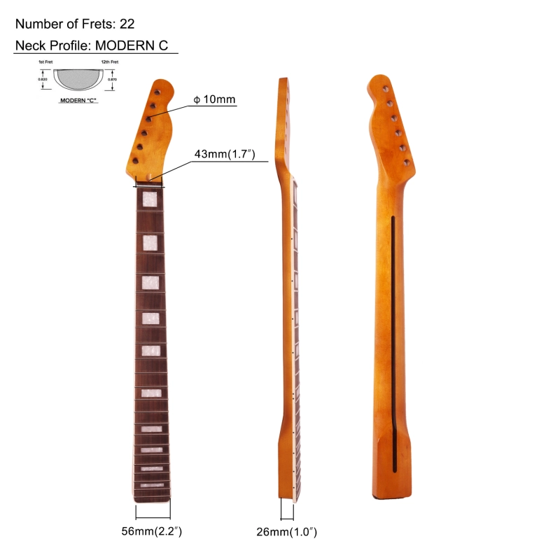 Telecaster Guitar Neck Rosewood Fretboard Maple Neck 9.5" Radius 10 mm Holes 22 Frets Satin Finish Acrylic Inlay