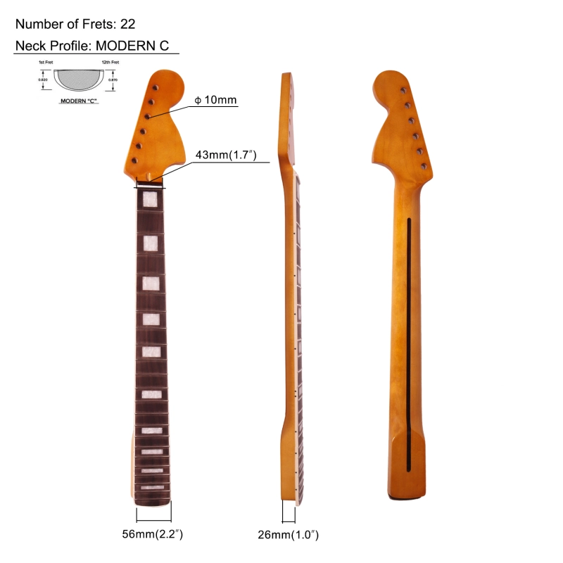 Stratocaster Guitar Neck Rosewood Fretboard Maple Neck 9.5" Radius 10 mm Holes 22 Frets Satin Finish Acrylic Inlay