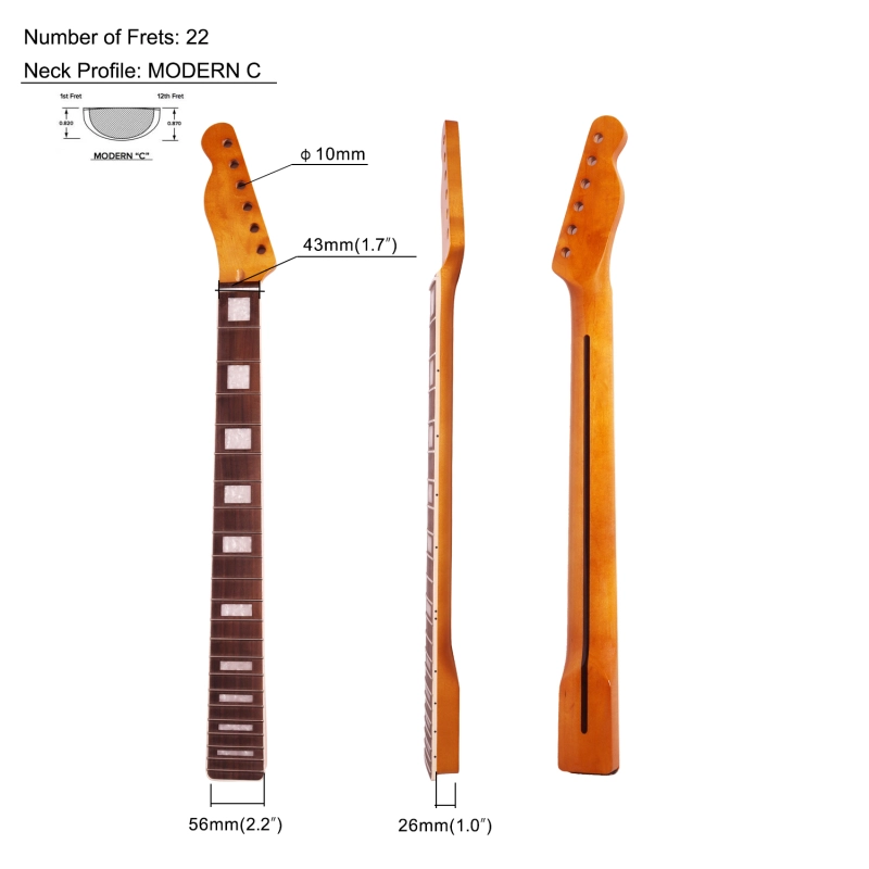 Left-handed Telecaster Guitar Neck Rosewood Fretboard Maple Neck 9.5" Radius 10 mm Holes 22 Frets Satin Finish