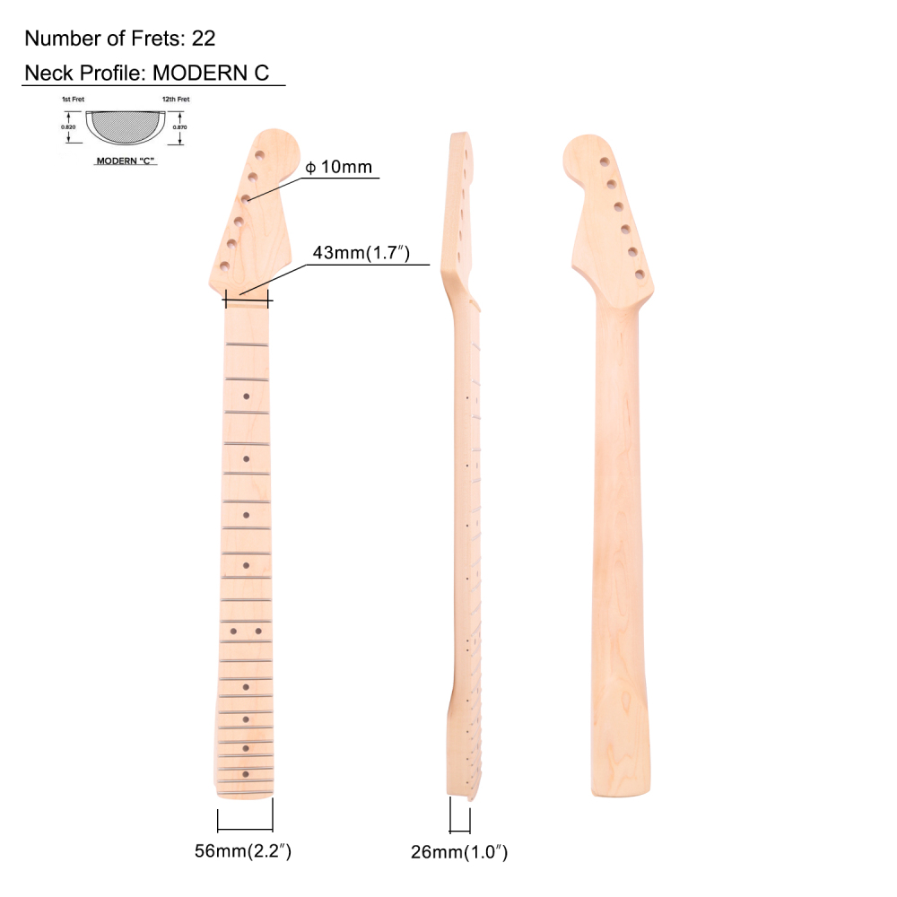 Premium Stratocaster Guitar Neck Selected Canadian Maple Fretboard 9.5" Radius 10 mm Holes 22 Frets Satin Finish Master Build
