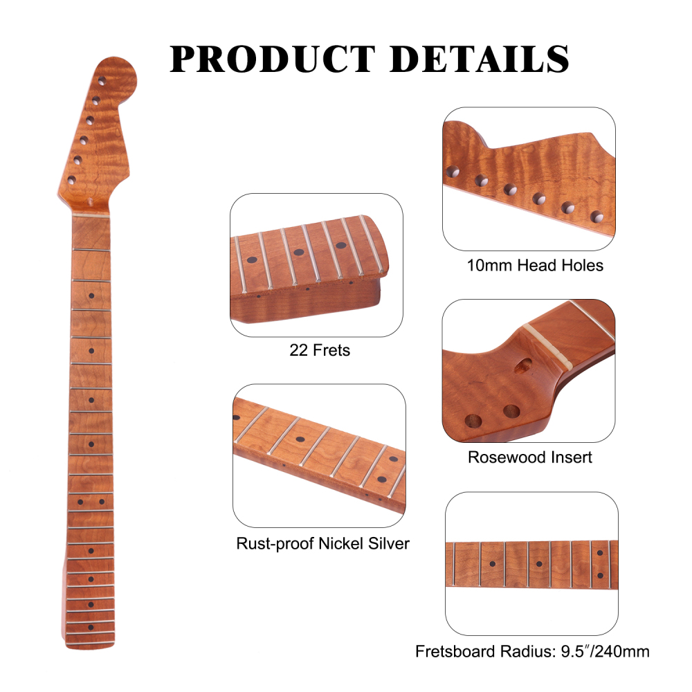Premium Stratocaster Guitar Neck AAAAA Roasted Canadian Flame Maple Fretboard 9.5" Radius 10 mm Holes 22 Frets Satin Finish Master Build