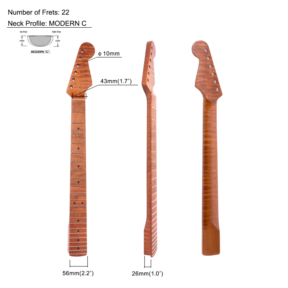Premium Stratocaster Guitar Neck AAAAA Roasted Canadian Flame Maple Fretboard 9.5" Radius 10 mm Holes 22 Frets Satin Finish Master Build