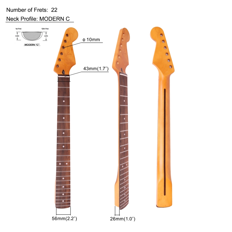 Stratocaster Guitar Neck Rosewood Fretboard Maple Neck 12" Radius 10 mm Holes 22 Frets Satin Finish