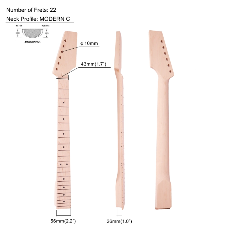 Pedal Headstock Guitar Neck Maple Neck 9.5 Radius 10 mm Holes 22 Frets Unfinished
